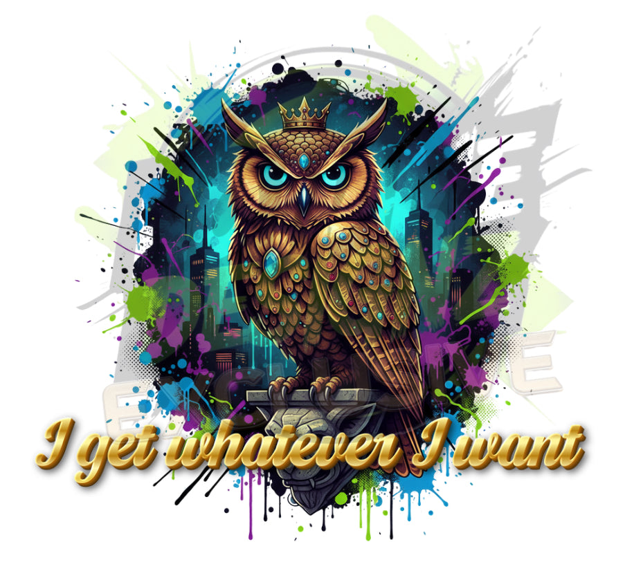 Colorful owl graphic with crown and text 'I get whatever I want' representing ambition and success.