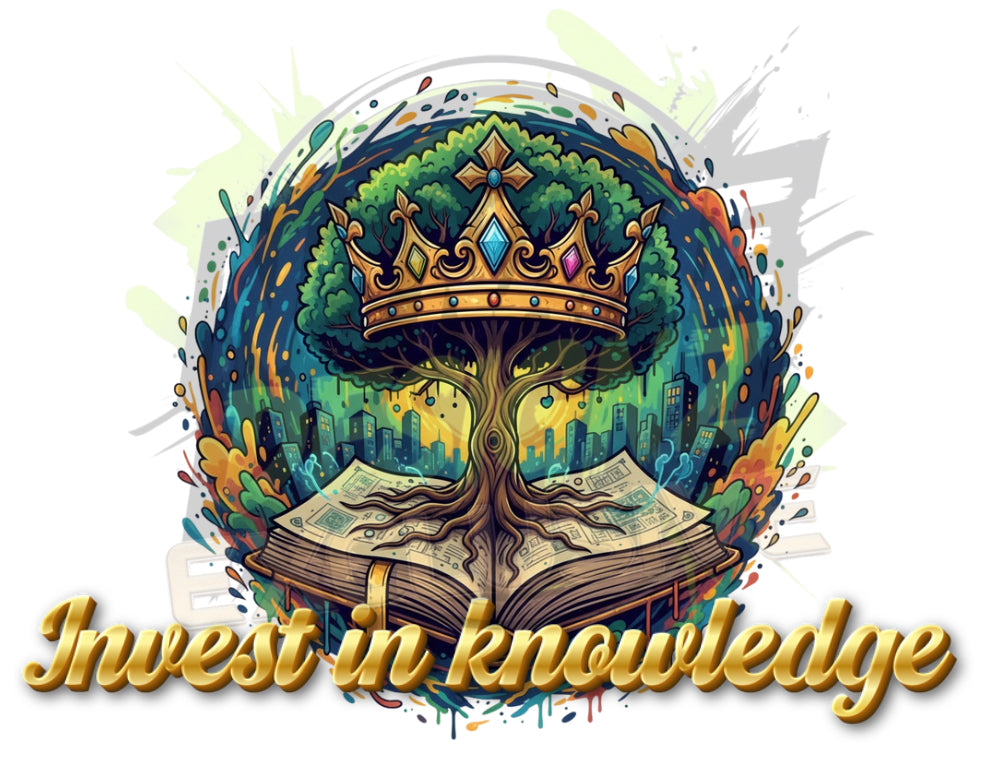 Invest In Knowledge- HOODIE design featuring a tree with a crown and an open book, representing ambition and growth.