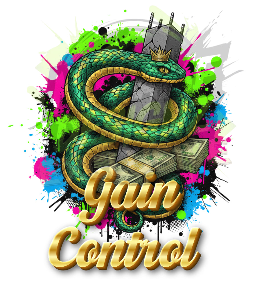 Gain Control- HOODIE design featuring a green snake, crown, and money, vibrant street art style.