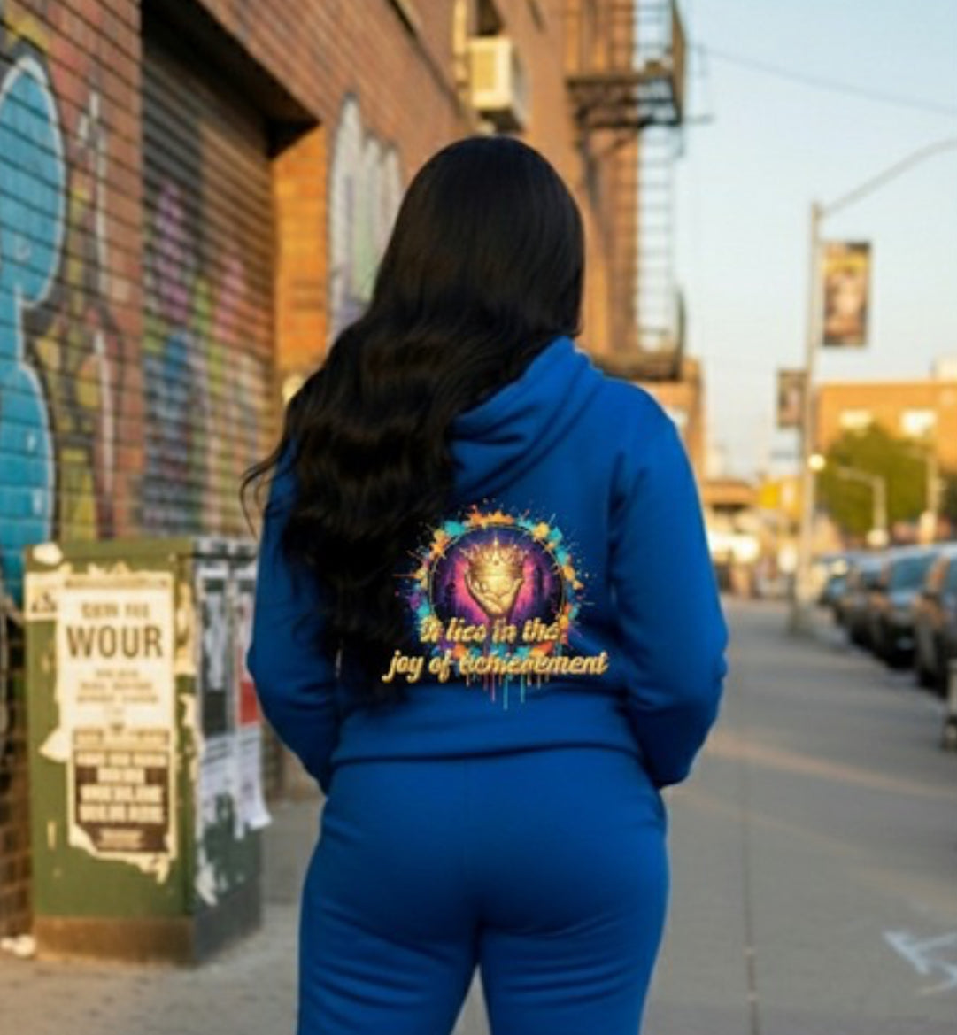 Crown Hustle Fleece Pullover Streetwear in blue; Joy of Achievement- HOODIE fashion statement.