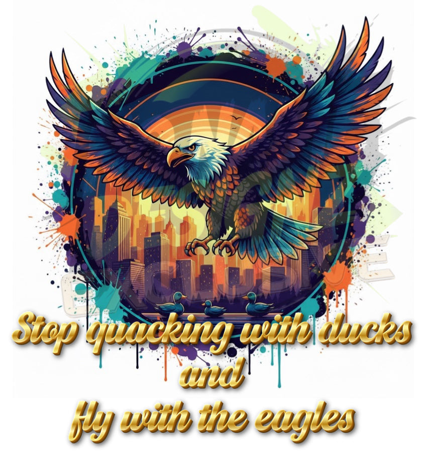 Fly With The Eagles- HOODIE design featuring an eagle soaring over a city background with vibrant colors.