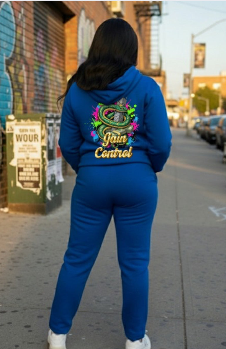 Gain Control- HOODIE featuring vibrant design on a model from behind in urban streetwear setting.