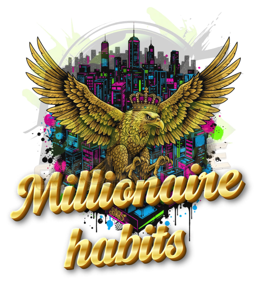 Millionaire Habits- HOODIE graphic featuring an eagle over a vibrant city skyline with street art.