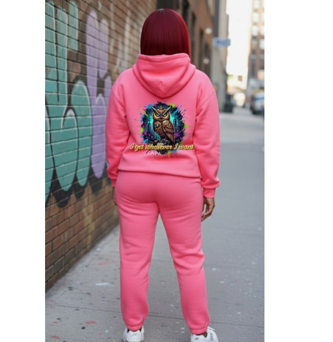Whatever I Want- HOODIE on model from behind, showcasing vibrant pink color and unique graphic design.
