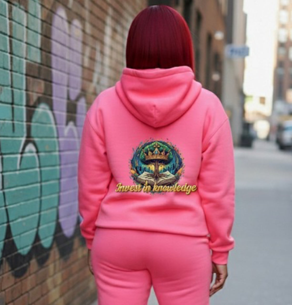 Invest In Knowledge- HOODIE featuring colorful design on the back, perfect for streetwear enthusiasts.