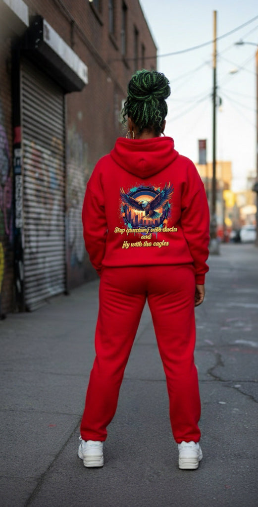 Fly With The Eagles- HOODIE showcased in red with vibrant design on back, part of Crown Hustle Fleece Pullover Streetwear.