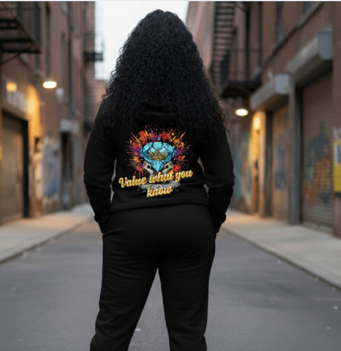 Value What You Know ￼- HOODIE displayed on a model in an urban street setting.