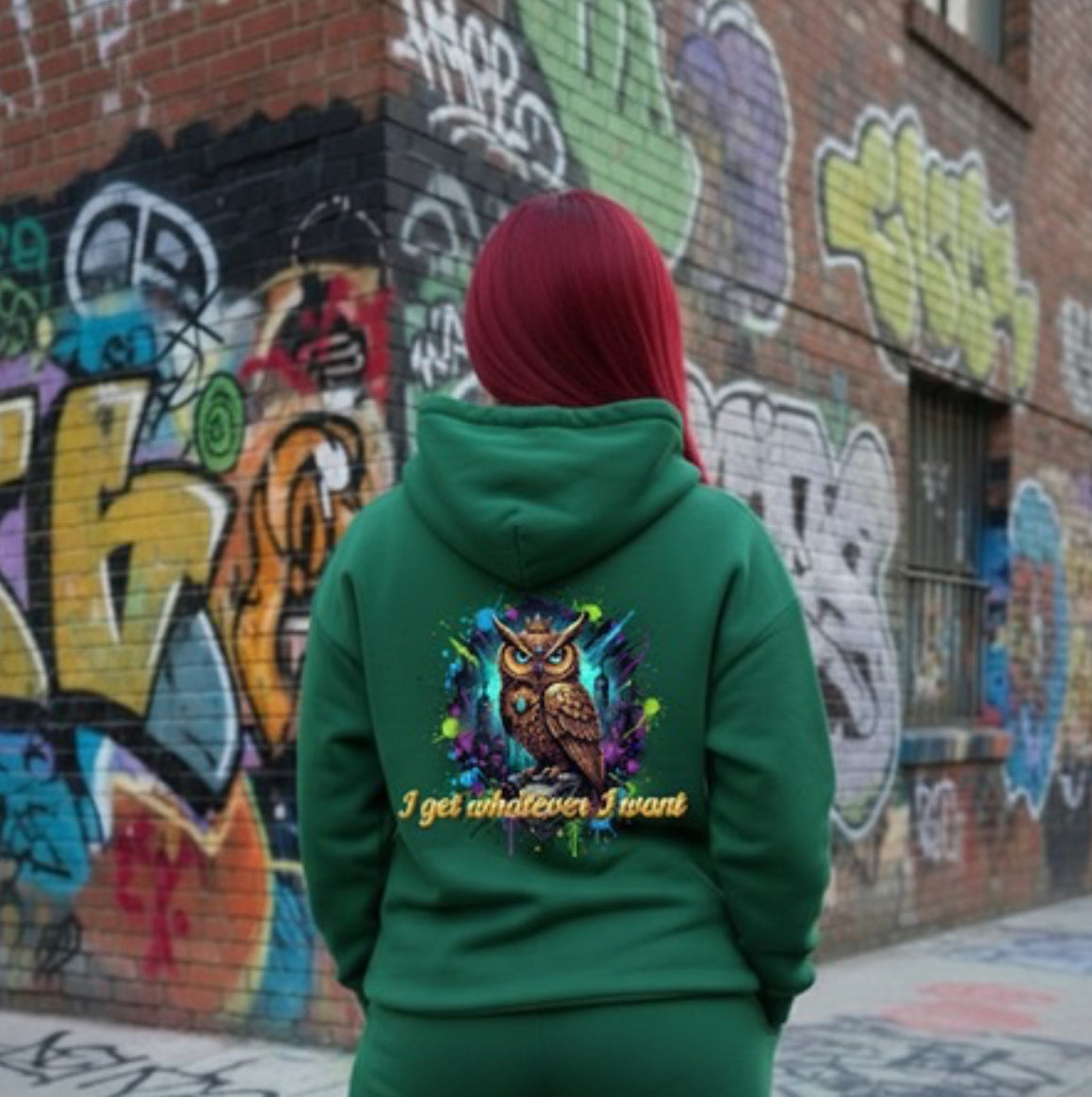 Whatever I Want- HOODIE featuring owl design on green fleece pullover, perfect streetwear for ambition.