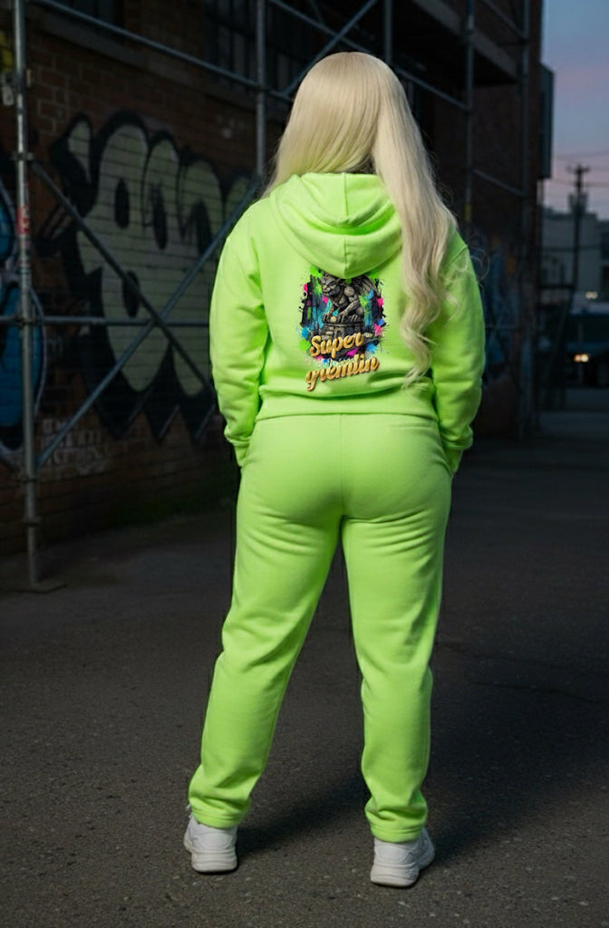 Super Gremlin- HOODIE in neon green, showcasing bold design, perfect for streetwear style.