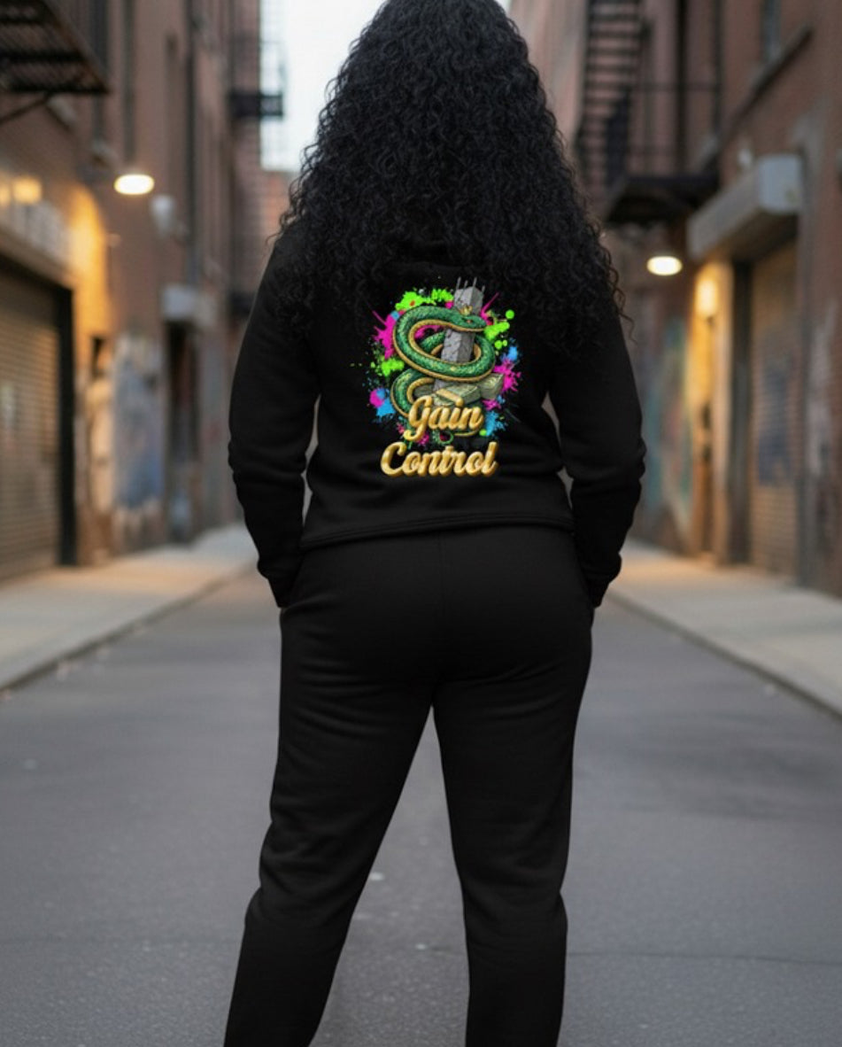 Back view of a person in a black hoodie featuring vibrant "Gain Control" design, showcasing Crown Hustle Fleece Pullover streetwear.
