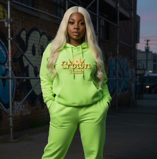 Joy of Achievement- HOODIE: Model wearing bright green Crown Hustle Fleece Pullover Hoodie in urban setting.