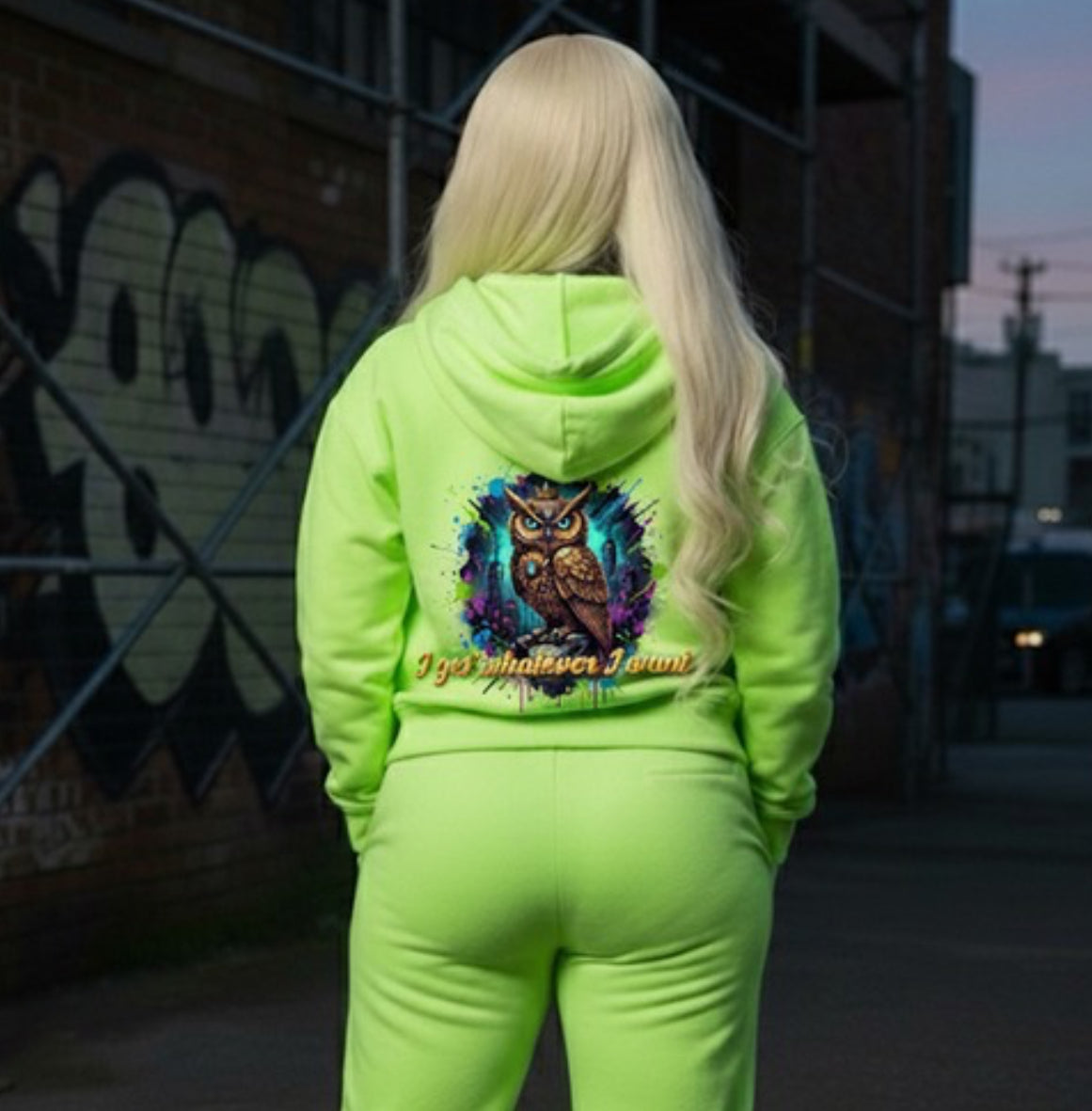 Whatever I Want- HOODIE in neon green featuring vibrant owl design on back, perfect for streetwear style.
