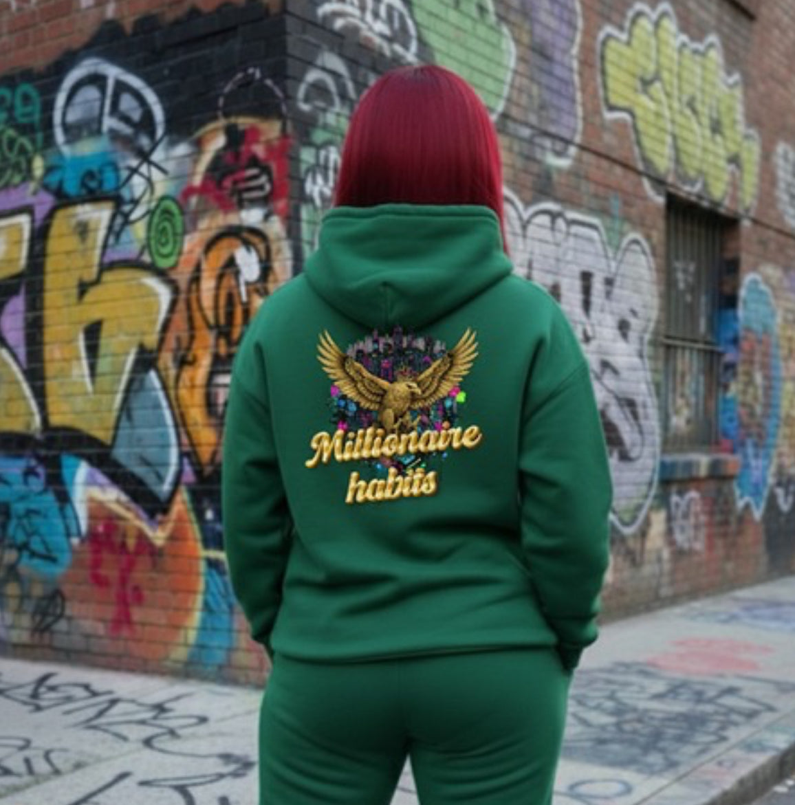 Millionaire Habits- HOODIE worn by a model against urban graffiti background showcasing streetwear style.